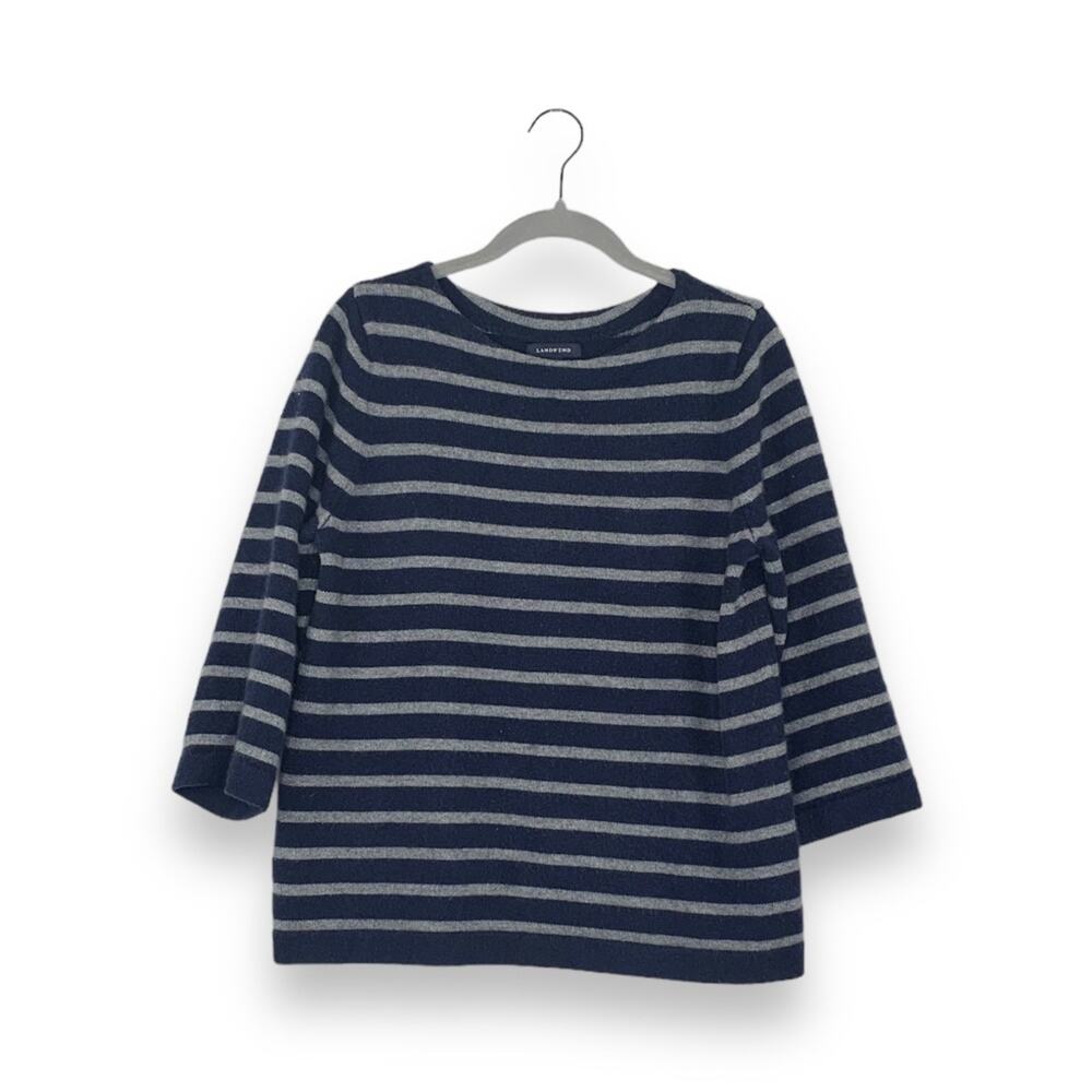 Lands End Navy Blue Gray Stripe 100% Cashmere Wide Neck 3/4 Sleeve Sweater